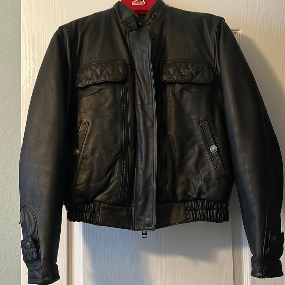 Black leather FIRSTGEAR riding jacket, women’s size 38/M